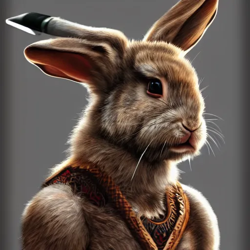 Prompt: portrait of a very very cute rabbit barbarian, muscular, wild, d & d, fantasy, intricate, cinematic lighting, highly detailed, digital painting, artstation, concept art, smooth, sharp focus, illustration, art by hajime sorayama