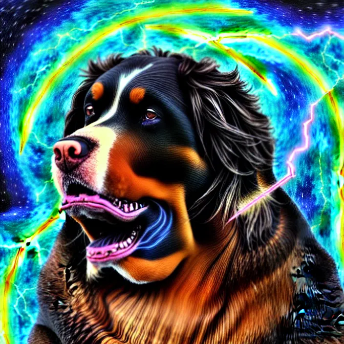 Image similar to a male human - bernese mountain dog hybrid as zeus, shooting lightning bolts from his paws, by alex grey, intricate details, artstation, furry, psychedelic, hd, beautiful