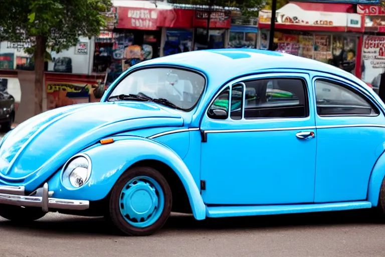 Image similar to a blue beetle car with burgers for wheel rims