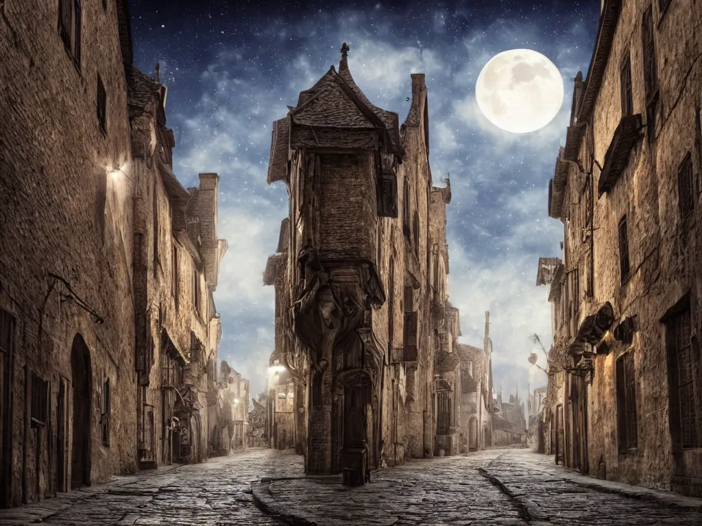 Image similar to moonlit medieval city street, moon covered with thin long horizontal clouds, photorealistic