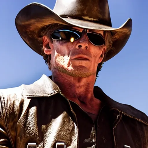 Image similar to a terminator android dressed as a cowboy, 8 k, movie still, high detail