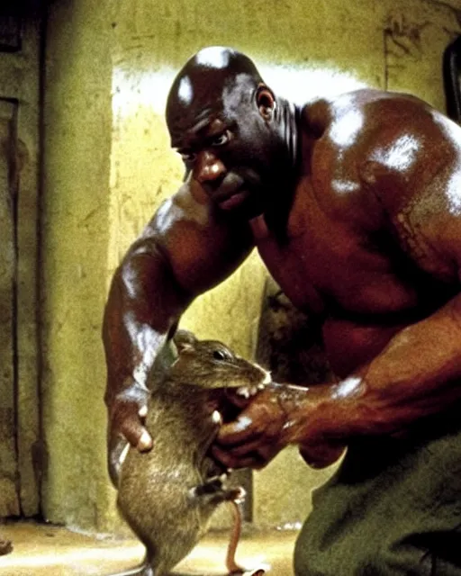 Image similar to film still close - up shot of dwayne johnson as john coffey petting a mouse in the movie the green mile. photographic, photography