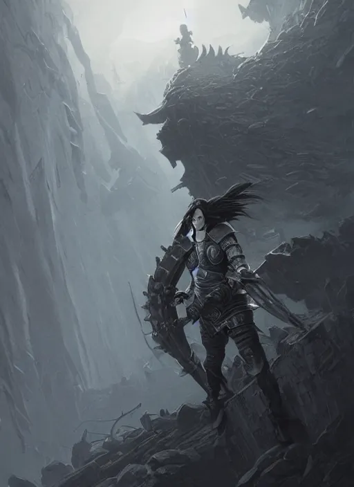 Prompt: a man with long braided black hair and white eyes stands alone against great stone fortress, dark fog surrounds him, he is dressed in heavy leather armor and carries a large sword, digital art, [ trending on cgsociety ]!!, illustrated by greg rutkowski!! and anton fadeev, intricate!!, detailed!!