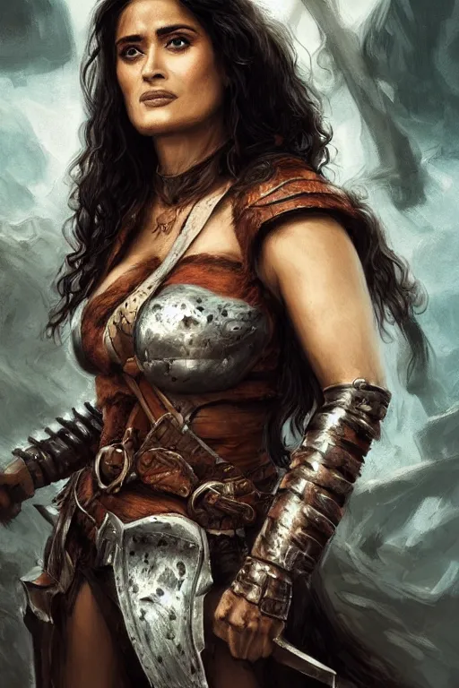 Image similar to portrait, Salma Hayek , barbarian , dressed in leather armor, face portrait, raphael lacoste, eddie mendoza, alex ross, concept art, matte painting, highly detailed, rule of thirds, dynamic lighting, cinematic, detailed, denoised, centred