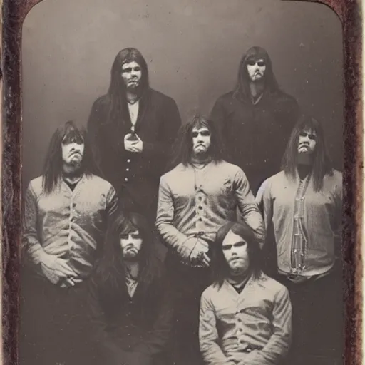 Prompt: 1880s tintype photography of heavy metal band