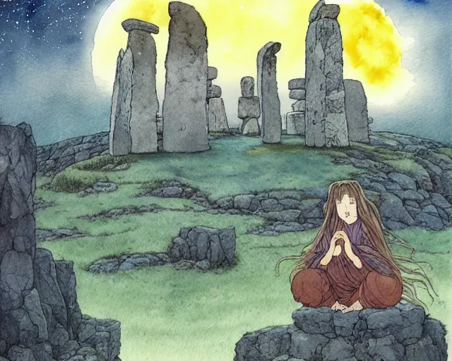 Image similar to a hyperrealist studio ghibli watercolor fantasy concept art of a giant long haired grey witch in lotus position sitting on top of stonehenge with a starry sky in the background. a group of tiny monks are prostrating them themselves. by rebecca guay, michael kaluta, charles vess