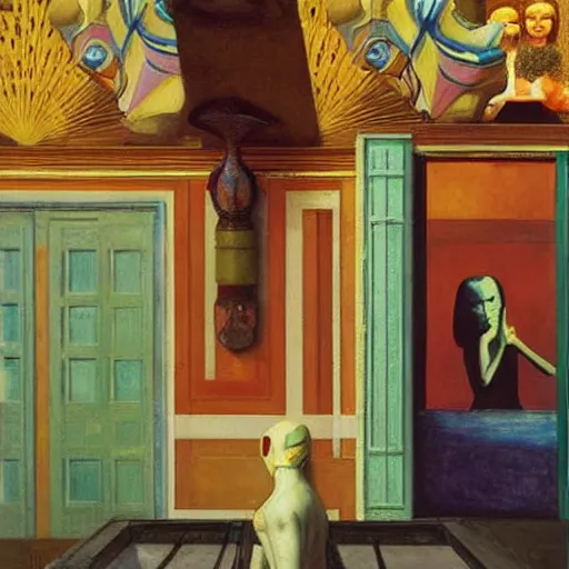 Image similar to a sphinx in mumbai, hyperrealistic painting by edward hopper, by gottfried helnwein, by klimt, by paolo uccello, art nouveau, highly detailed, strong lights, liminal, eerie, metaphysical, bright pastel colors,
