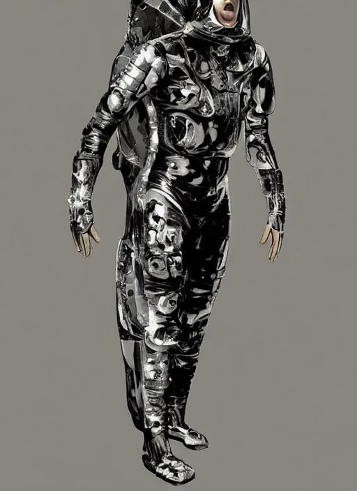 Image similar to hybrid alexander mcqueen astronaut in dark void underwater - complex and fashionable hybrid suit dress design. reflection and dispersion materials. rays and dispersion of light. volumetric light. f / 3 2. flash photography. ultra realistic, 5 0 mm. poster by wayne barlowe, hajime sorayama, aaron horkey, craig mullins