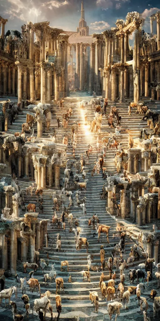 Image similar to a herd of goats! on stairs in a beautiful fantasy cathedral, epic, grandiose, many goats, magic, greek columns, tall towers, gorgeous clouds, colorful, sunrays, digital painting, landscape, octane render, unreal engine, high detail, very realistic, by katsuya terada