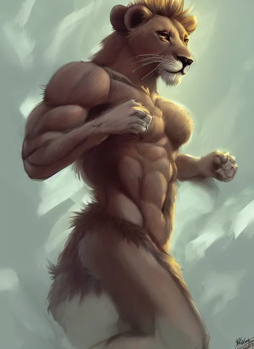 Prompt: award winning beautiful portrait commission art of a fit male furry anthro lion fursona with a cute beautiful attractive detailed furry face wearing gym shorts and a tanktop. Character design by charlie bowater, ross tran, artgerm, and makoto shinkai, detailed, inked, western comic book art