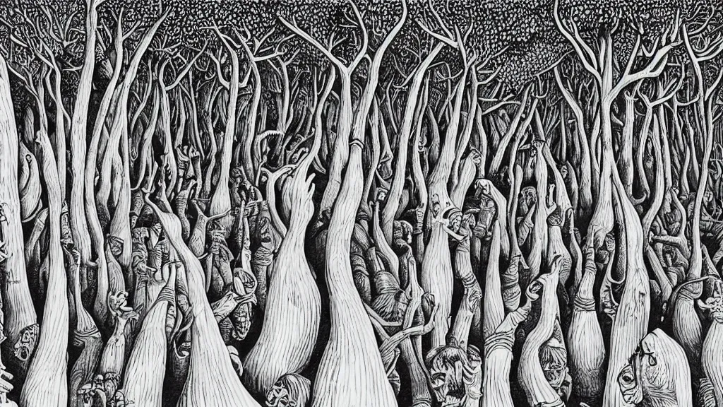 Prompt: a forest of giant thumbs, by escher and chris van allburg, fine inking lines, surreal fantasy