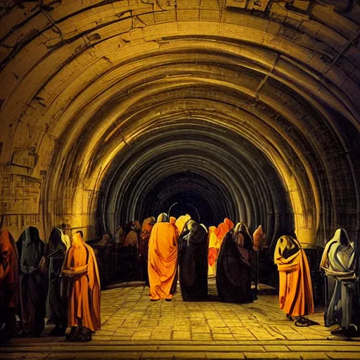 Prompt: computational tunnels, a tunnel complex full of mechanical computers and hooded monks and robots, dramatic baroque oil painting, chiaroscuro