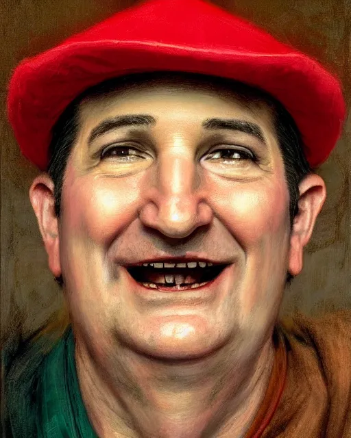 Image similar to closeup portrait of whimsical conniving ted cruz wearing a red maga cap, court jester in renaissance era,, masterpiece, by donato giancola and greg rutkowski and wayne barlow and zdzisław beksinski, high contrast, realistic face