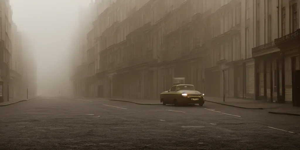 Image similar to parked car on deserted london street 1960, fog, rain, volumetric lighting, beautiful, golden hour, sharp focus, ultra detailed, cgsociety