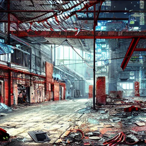 Prompt: santa's abandoned factory. cyberpunk. apocalyptic. sadness. mess. disorder. santa claus hat. abandoned gifts. water leaks. broken tiles. broken objects. high quality. high fidelity. digital art.