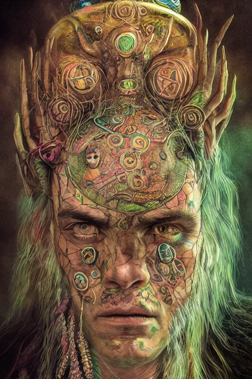 Image similar to hyperrealistic hyper detailed neo-surreal close-up 35mm portrait of levitating psychedelic shaman covered in Celtic tattoos, dinosaur head headdress, rococo matte painting concept art very dramatic lighting low angle hd 8k sharp shallow depth of field