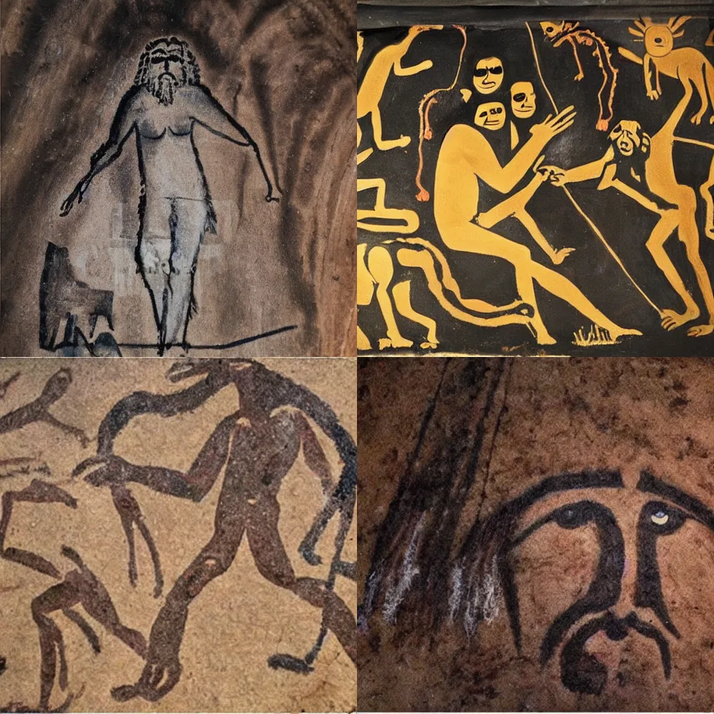 Prompt: A cave painting of a caveman meme
