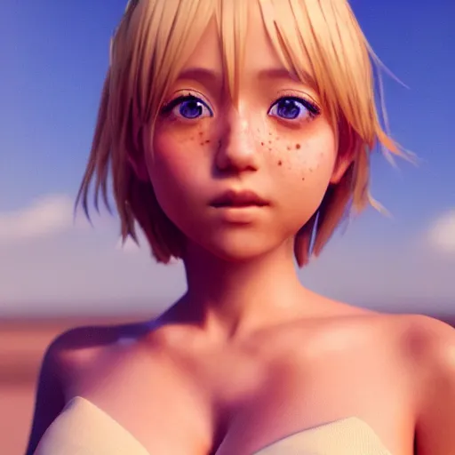 Prompt: Render of a very beautiful 3d anime girl, short blonde hair, hazel eyes, cute freckles, full round face, short smile, cute sundress, golden hour, serene beach setting, medium shot, mid-shot, highly detailed, trending on Artstation, Unreal Engine 4k