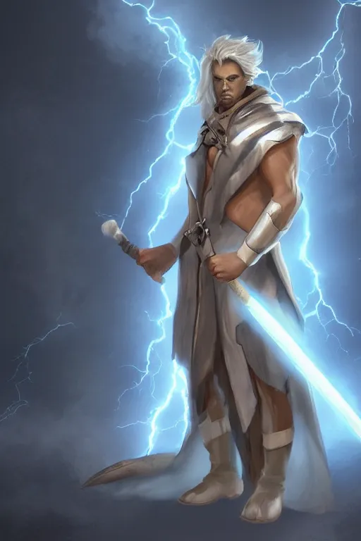 Image similar to thunder man, storm, lightning, spell, staff, white robe, hallway, artstation