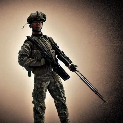 Image similar to Futuristic Soldier with a sniper rifle, medium shot, digital art, award-winning, cinematic lighting