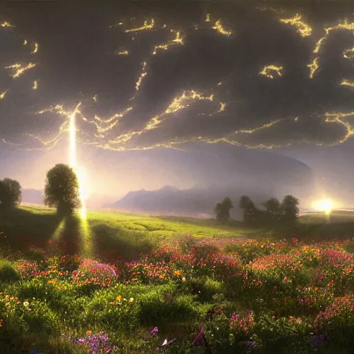 Prompt: rhythmic interval tectonic surfaces as resonant waves of harmonic organic mystical megastructure crystal lattice architectures exploding with light and god rays in a meadow full of wildflowers by albert bierstadt, by glen small, by giovanni battista piranesi, photorealistic, god rays, octane render, depth of field, volumetric light, volumetric fog, holy spirit