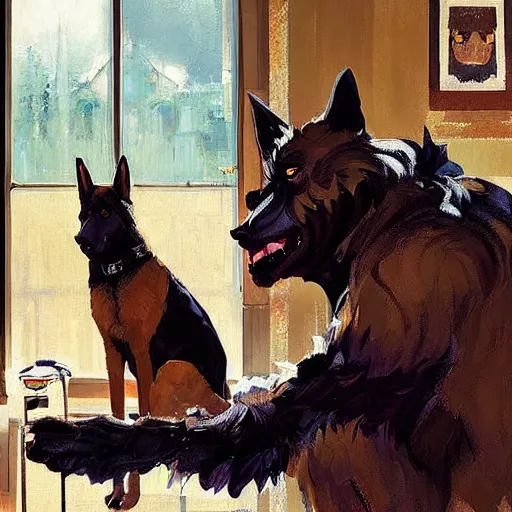 Image similar to a humanoid german shepherd beast - man, sitting and watching a soccer match in his house on television, he has hurt his knee and is a dad, by erin hanson, alexi zaitsev, karl spitzweg, award winning, tv set