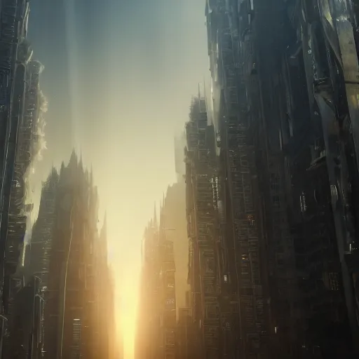 Image similar to detailed art of a metropolis with the citizens looking upward in fear, darkness, Stunning volumetric light, sunset, concrete and translucent material, beautiful sky with a beautiful skyline, trending on Artstation, 8k, photorealistic, hyper detailed, unreal engine 5, IMAX quality, Greg rutkowski, cinematic, epic lighting,