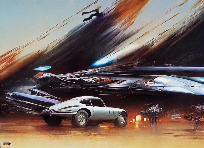 Prompt: ( ( ( ( ( jaguar e - type car, car concept art, sci - fi illustration, painting, blade runner 2 0 4 9 ) ) ) ) ) by vincent di fate and john berkey and danger diabolik!!!!!!!