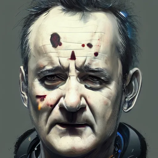 Prompt: close-up, symmetrical!, portrait of a young Bill Murray, bruised and scarred! cyberpunk, techwear! by Greg Rutkowski, matte painting, trending on artstation