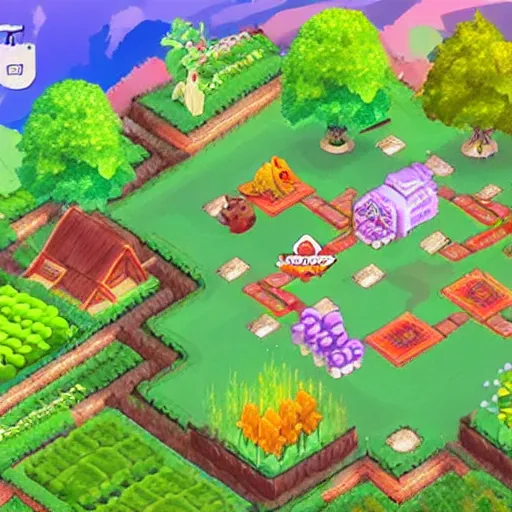 Image similar to concept of a farming mobile game with fantasy style, clash of clan style, vietnam inspiration, pastel color, relax, in the country side