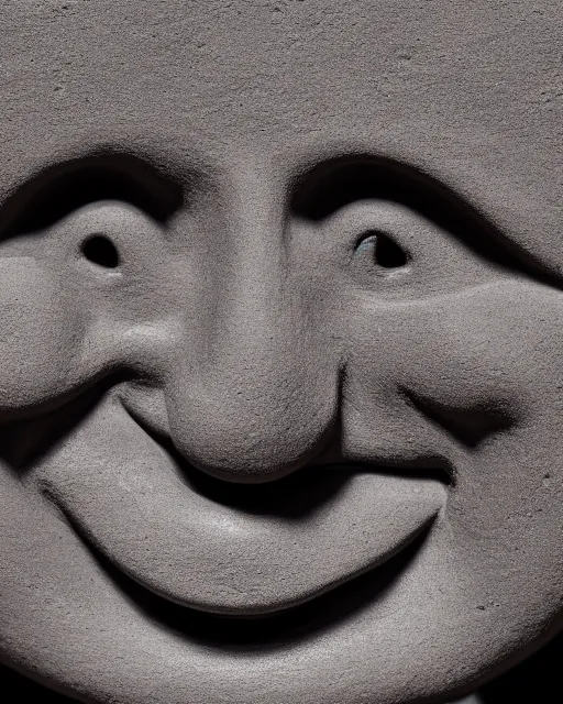 Image similar to dark grey clay sculpture of a smiling face melting | rough structure | uhd | high contrast