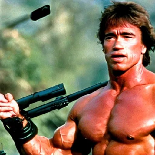 Prompt: arnold schwarzenegger in a still from the movie Rambo (1982)