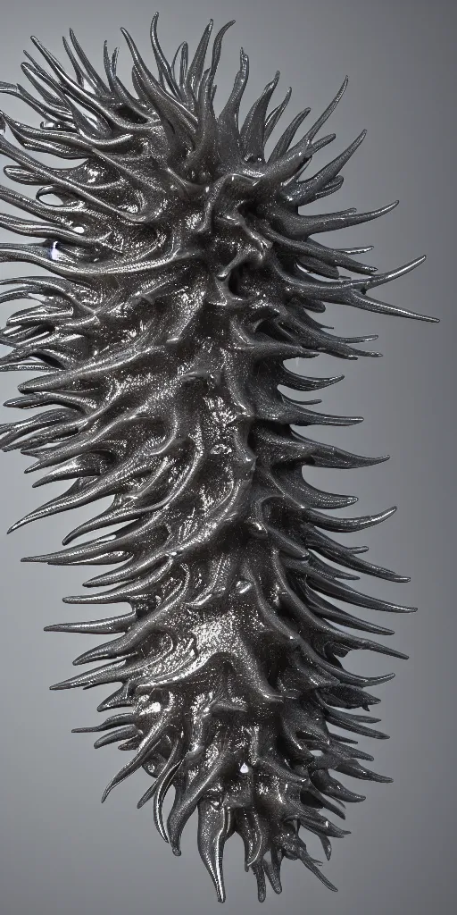 Prompt: a photorealistic render of a metallic spiky neotribal sea slug, greyscale, made of melted plastic and marble, c 4 d, by zhelong xu and ernst haeckel, wide angle, hyper realistic, plain black background, 8 k, volumetric lightning, octane render