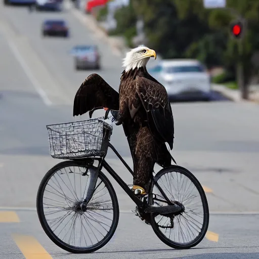 Image similar to an eagle riding a bicycle in the streets of la, smoking a cigar