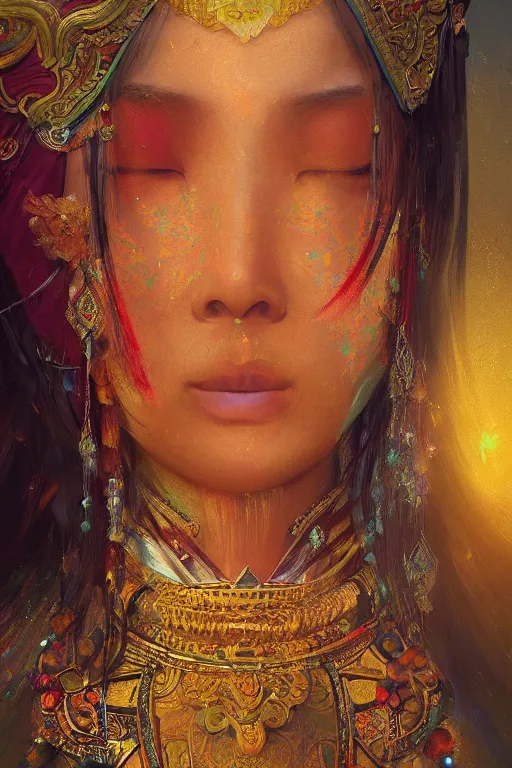 Prompt: Tibetan princess, gorgeous, close-up portrait, intricate, elegant, volumetric lighting, scenery, digital painting, highly detailed, artstation, sharp focus, illustration, concept art, ruan jia, steve mccurry