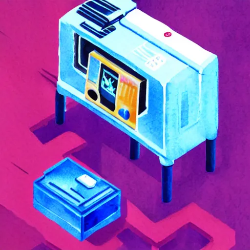 Prompt: an isometric watercolor illustration of a girl with an old printer in space, flat synthwave art style