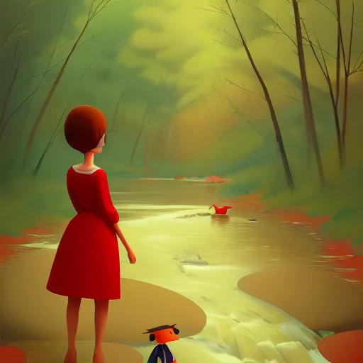 Image similar to goro fujita ilustration brunette girl in red dress crossing ( a small river in a forest ), painting by goro fujita, sharp focus, highly detailed, artstation