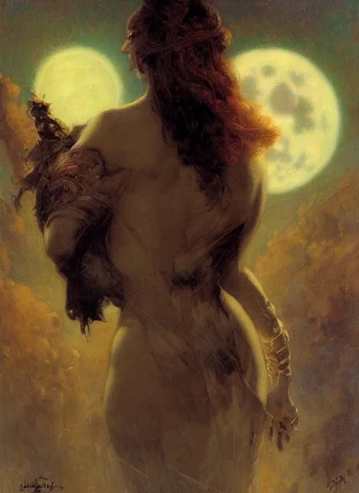 Prompt: surrealism, abstract, a dark witch in front of the full big moon, painting by gaston bussiere, craig mullins, j. c. leyendecker