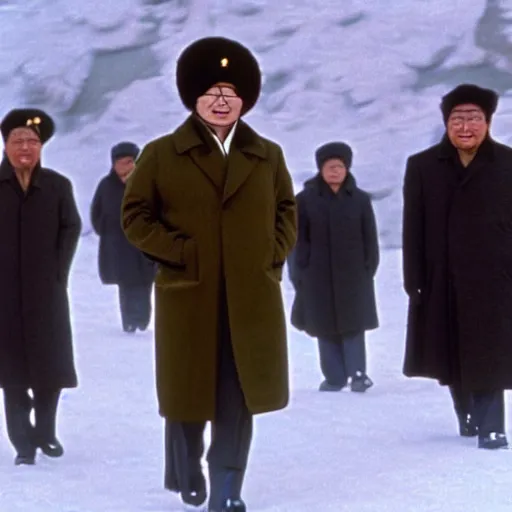 Prompt: filmstill of Kim Jong-il wearing a chapka in the role of Doctor Zhivago by David Lean, 1965, cinemascope, Eastman Color Negative 50T 5251 Neg. Film, epic romance