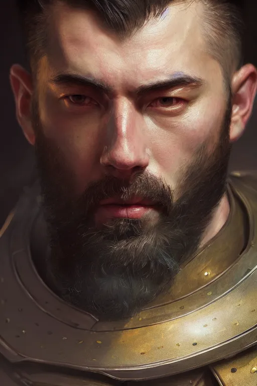 Prompt: detailed close up facial portrait of a gigachad armor specialist, extremely detailed digital painting, in the style of fenghua zhong and ruan jia and jeremy lipking and peter mohrbacher, mystical colors, rim light, beautiful lighting, 8 k, stunning scene, raytracing, octane, trending on artstation