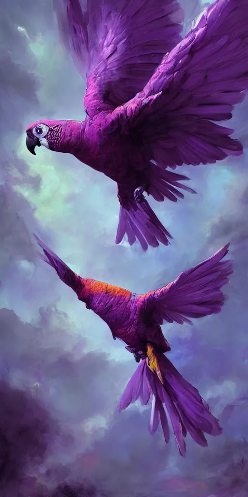 Image similar to a painting of a purple parrot flying through the sky, poster art by raymond swanland, deviantart, fantasy art, christian, deviantart, mystical