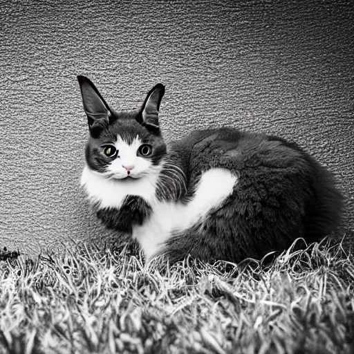 Prompt: photography of a breed between a cat and a Bunny. It's exceptionally cute. Background is grass.