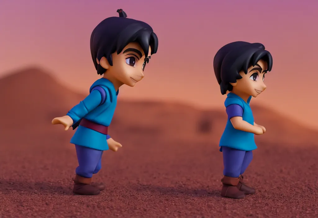 Image similar to profile view of young aladdin as nendoroid walking in a desert, wearing typical clothes, 8 k, hd, dof, kodak film, volumetric lighting, subsurface scattering, photorealistic, octane render