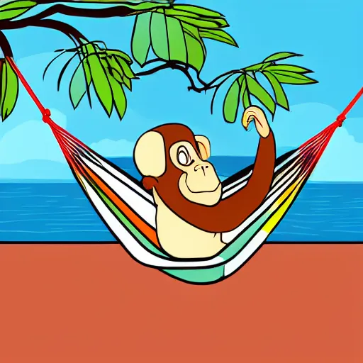 Image similar to a monkey laying a hammock smoking a joint, sunset, cartoon style,
