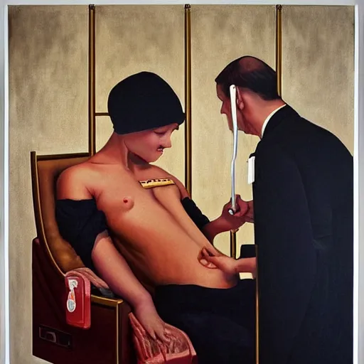 Image similar to hyperrealism oil painting of a baby giving blood to a handsome man, strong jaw, symmetrical, sitting in a gilded throne, tubes coming out of the man's arm, getting a blood transfusion. in the style of realism mixed with japanese book art and art deco. detailed. beautiful