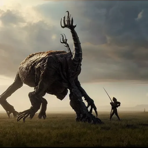 Prompt: enormous gargantuan creature with long arms and legs towering over the plains, seen from a distance, volumetric lighting, 8 k octane beautifully detailed render, post - processing, extremely hyper - detailed, intricate, epic composition, cinematic lighting, masterpiece, trending on artstation, masterpiece, stunning art by anders zorn, wonderful masterpiece by greg rutkowski, beautiful cinematic