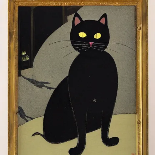 Image similar to a sitting black cat with yellow eyes by tsuguharu foujita, with a background, highly detailed, high quality, restored, historical art piece