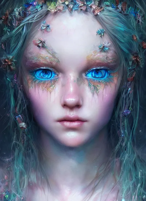 Image similar to portrait of a gorgeous fairy princess of the forest, perfect blue eyes, detailed iridescent fractal pattern skin, 8k render, ultra realistic, cinematic lighting, artstation, artgerm, Seb McKinnon