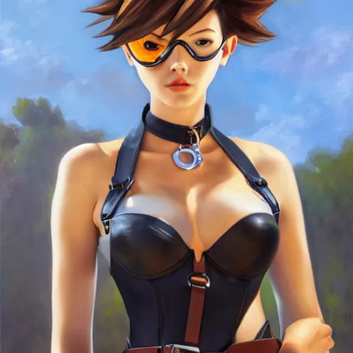 Image similar to oil painting of tracer overwatch in a field wearing very large leather belt choker collar around neck, in style of mark arian, expressive face, very detailed face, very detailed eyes, full body, feminine face, tracer overwatch,