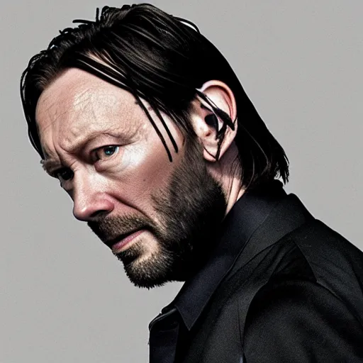 Image similar to thom yorke as john wick professional photo shot